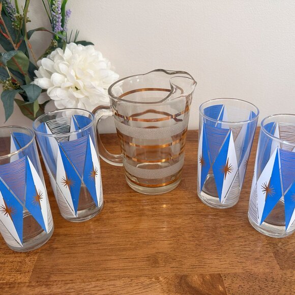 Vintage Libbey Atomic Burst Highball Glasses with Gold Striped Pitcher – Midcent - Picture 3 of 8